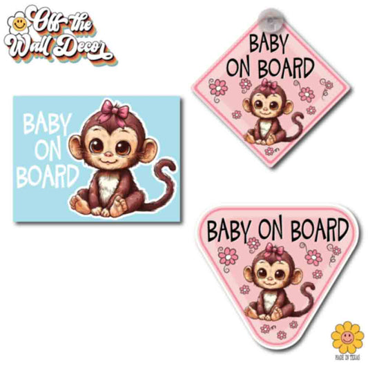 Baby Girl Monkey | Baby on Board | Suction Cup Sign, Magnet OR Vinyl Decal Sticker
