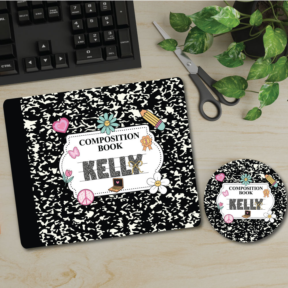 Personalized Composition Book | Desktop Mouse Pad with matching drink coaster