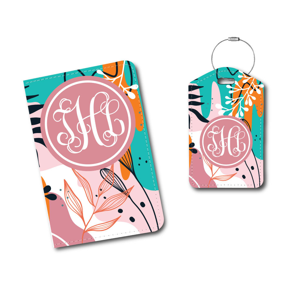 Monogram | Pink Leaf Boho | Passport Holder & Luggage Tag