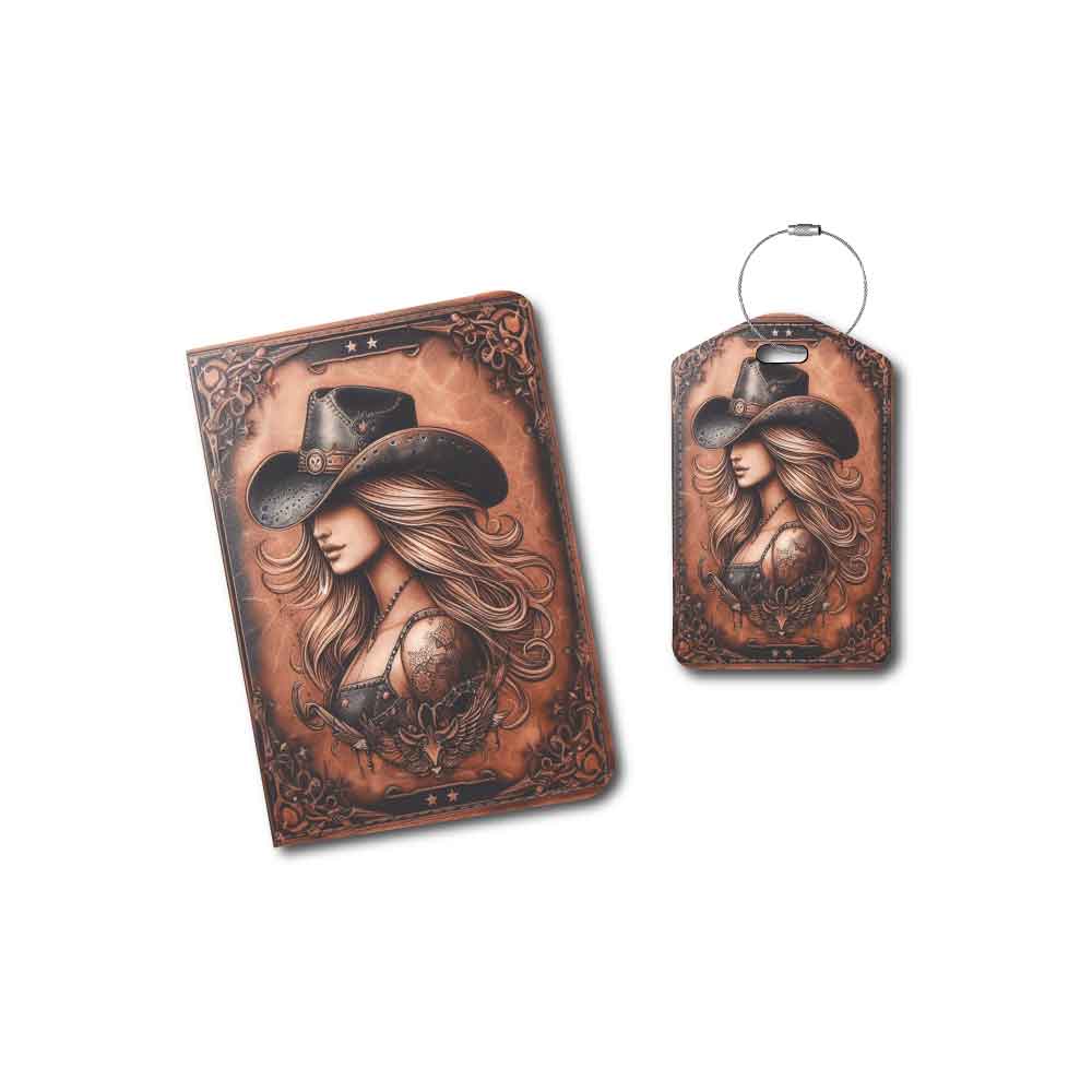 Distressed Leather Look Cowgirl | Passport Holder & Luggage Tag