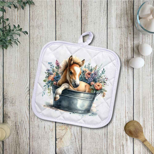 Colt in a Tub | 3 Designs | Potholders, Trivets, Hot pads, Oven mitts, Heat resistant, and Washable