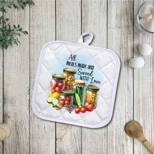All meals made and Served with Love | Potholders, Trivets, Hot pads, Oven mitts, Heat resistant, and Washable