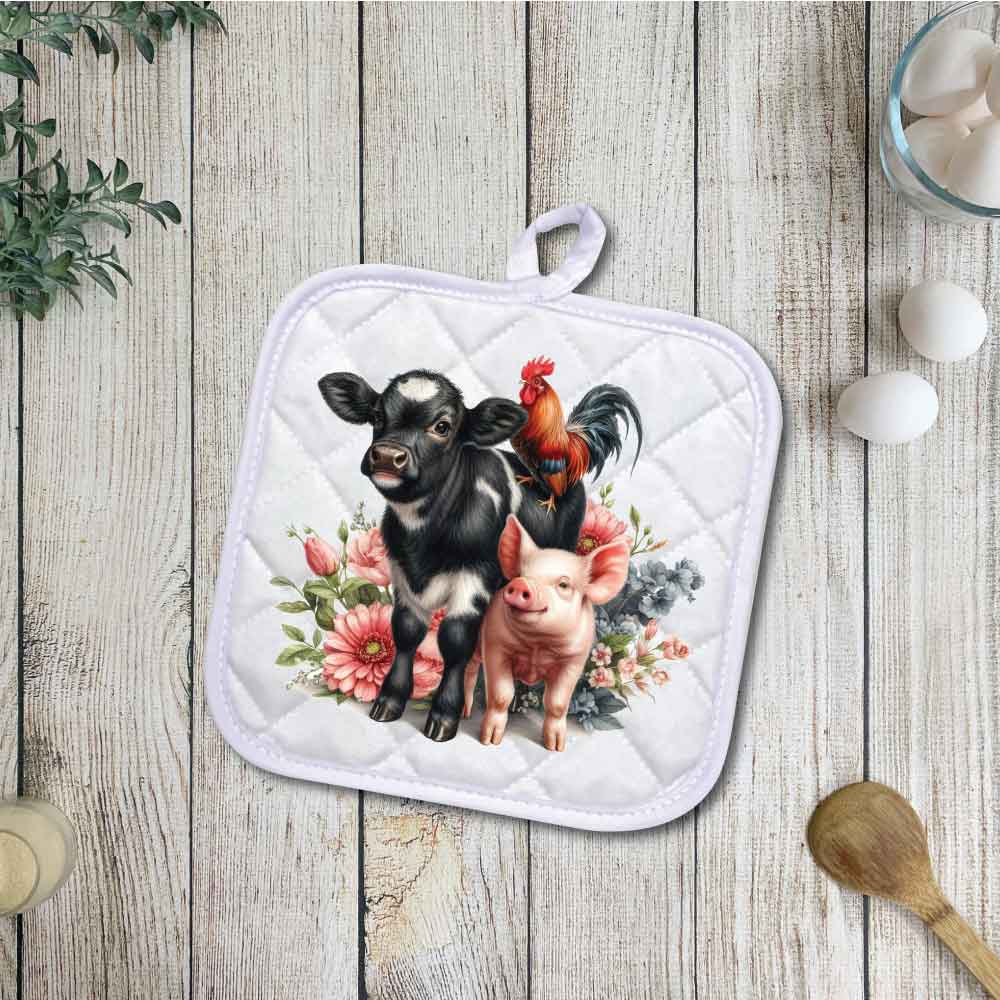 Farm Friends, Cow, Rooster and Pig | Potholders, Trivets, Hot pads, Oven mitts, Heat resistant, and Washable