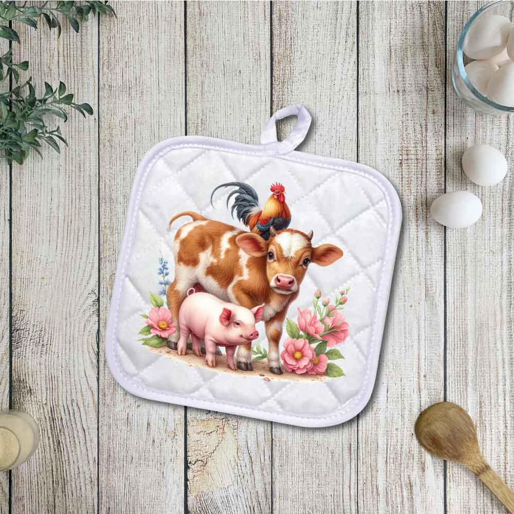 Farm Friends, Cow, Rooster and Pig | Potholders, Trivets, Hot pads, Oven mitts, Heat resistant, and Washable