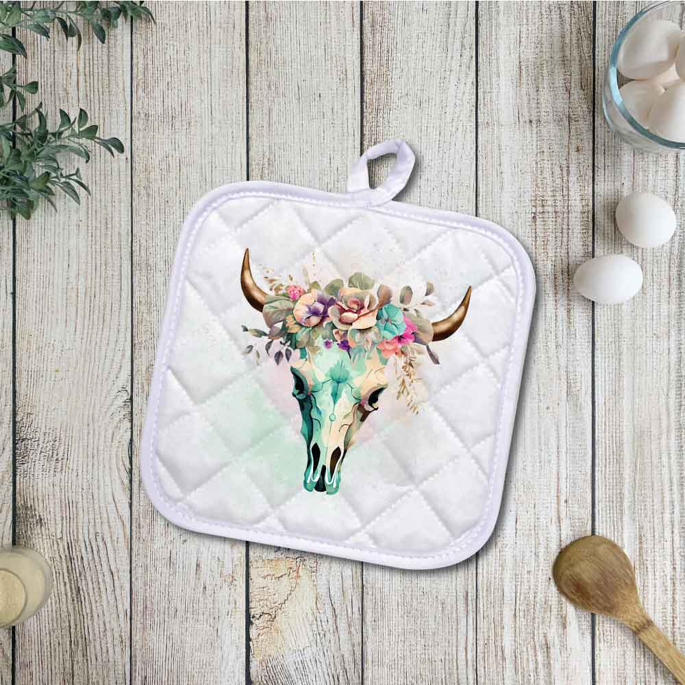 Floral Cow Skull | Potholders, Trivets, Hot pads, Oven mitts, Heat resistant, and Washable