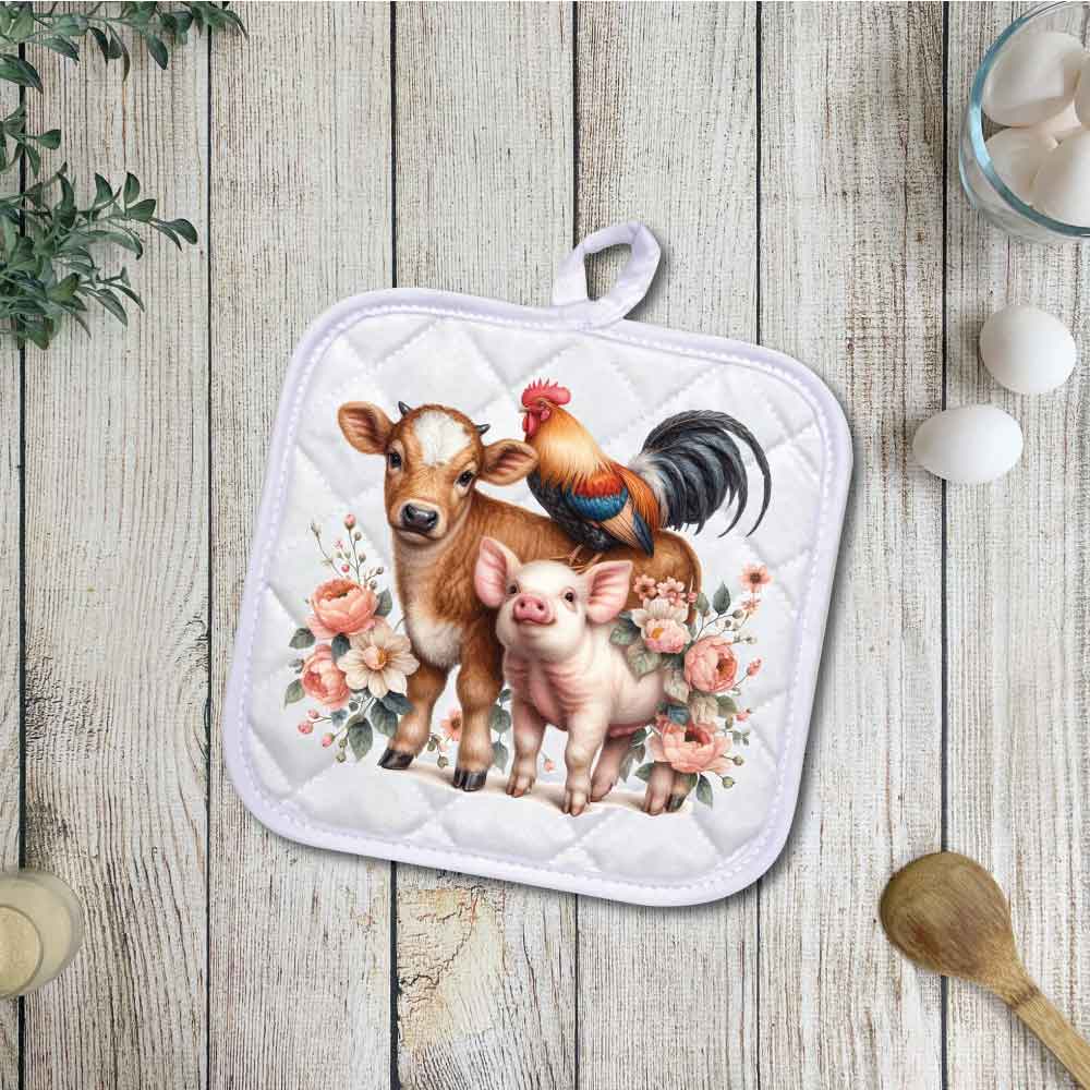 Farm Friends, Cow, Rooster and Pig | Potholders, Trivets, Hot pads, Oven mitts, Heat resistant, and Washable