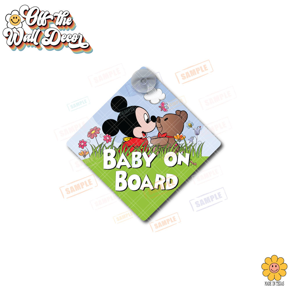 Baby Mickey with Teddy | Baby on Board | Suction Cup Sign, Magnet OR Vinyl Decal Sticker