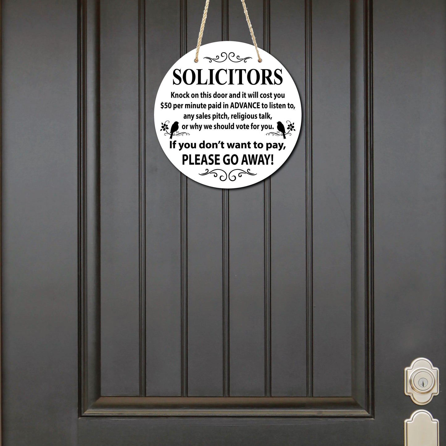 Humorous "No Soliciting" sign, front door sign, decorative door hanger