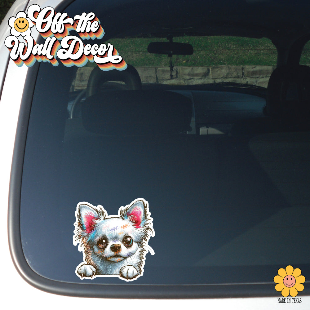 Peeking Long Hair Chihuahua | Car/Truck Sticker, Automotive Decals, Car Bling Stickers and Decals, Pet Cat Dog Decal for Window