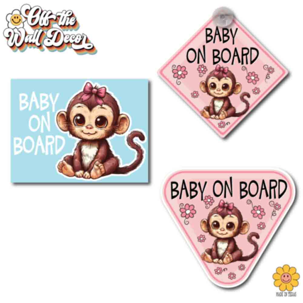 Baby Girl Monkey | Baby on Board | Suction Cup Sign, Magnet OR Vinyl Decal Sticker