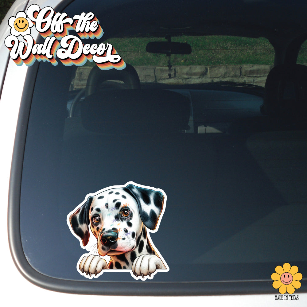 Peeking Dalmatian | Car/Truck Sticker, Automotive Decals, Car Bling Stickers and Decals, Pet Cat Dog Decal for Window