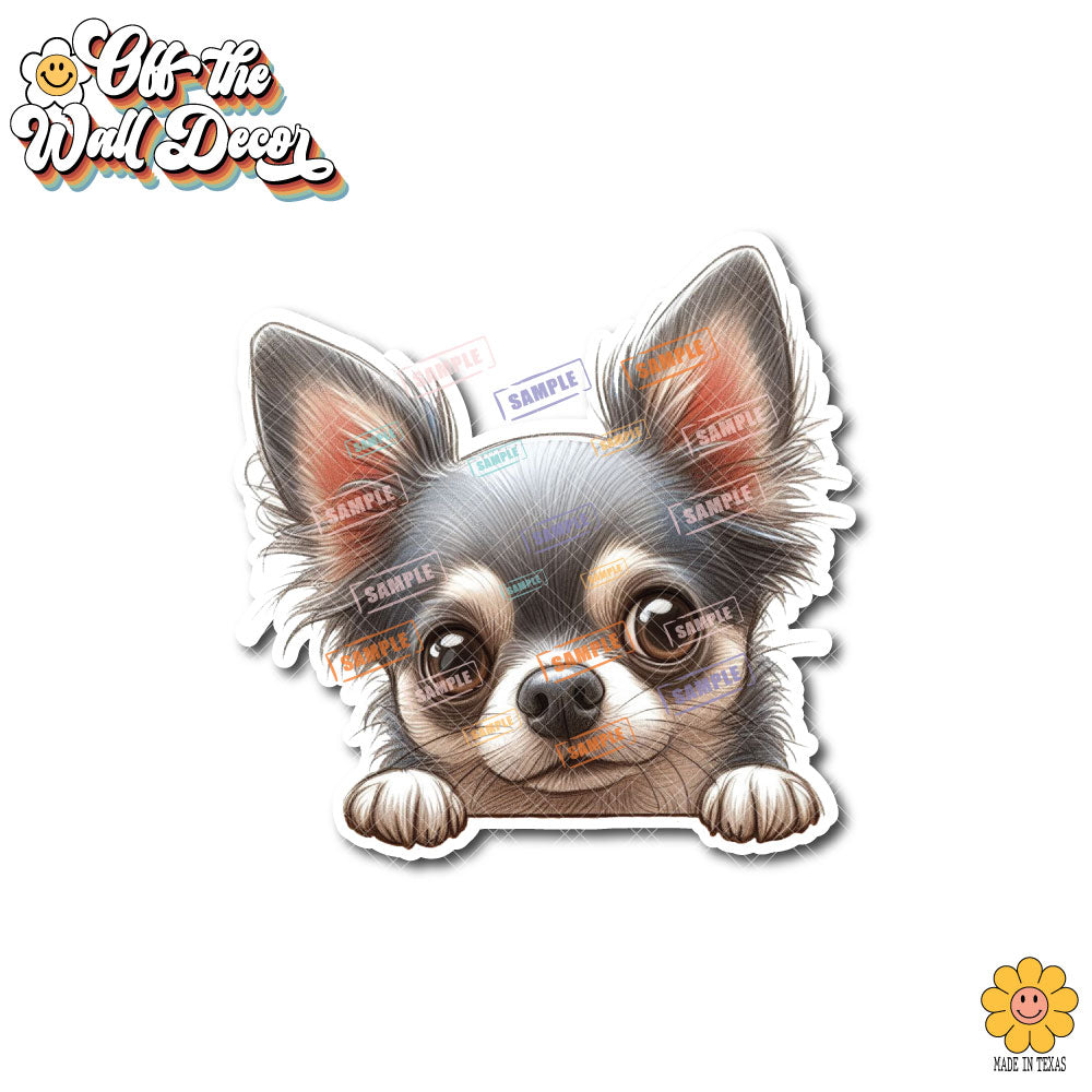 Peeking Long Hair Chihuahua | Car/Truck Sticker, Automotive Decals, Car Bling Stickers and Decals, Pet Cat Dog Decal for Window