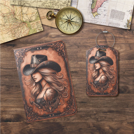 Distressed Leather Look Cowgirl | Passport Holder & Luggage Tag