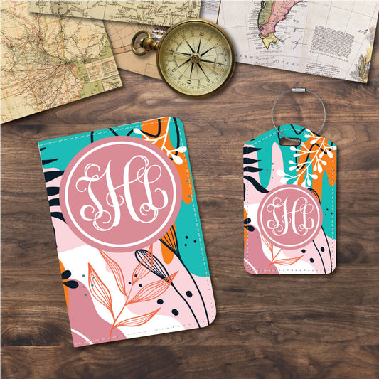 Monogram | Pink Leaf Boho | Passport Holder & Luggage Tag