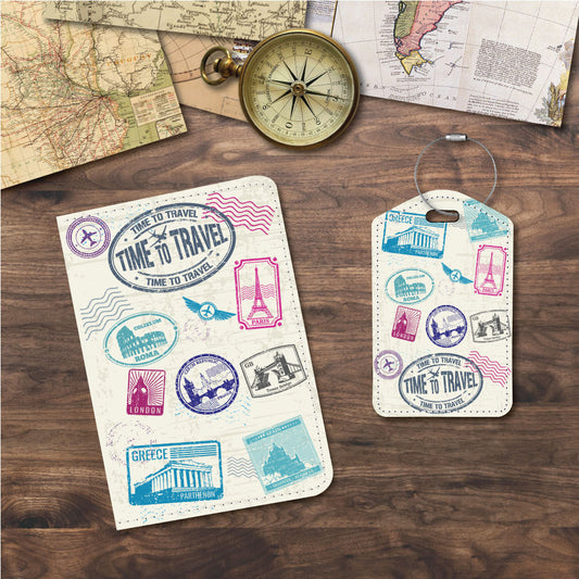 Classic Vintage Travel Stamps | Passport Holder & Luggage Tag