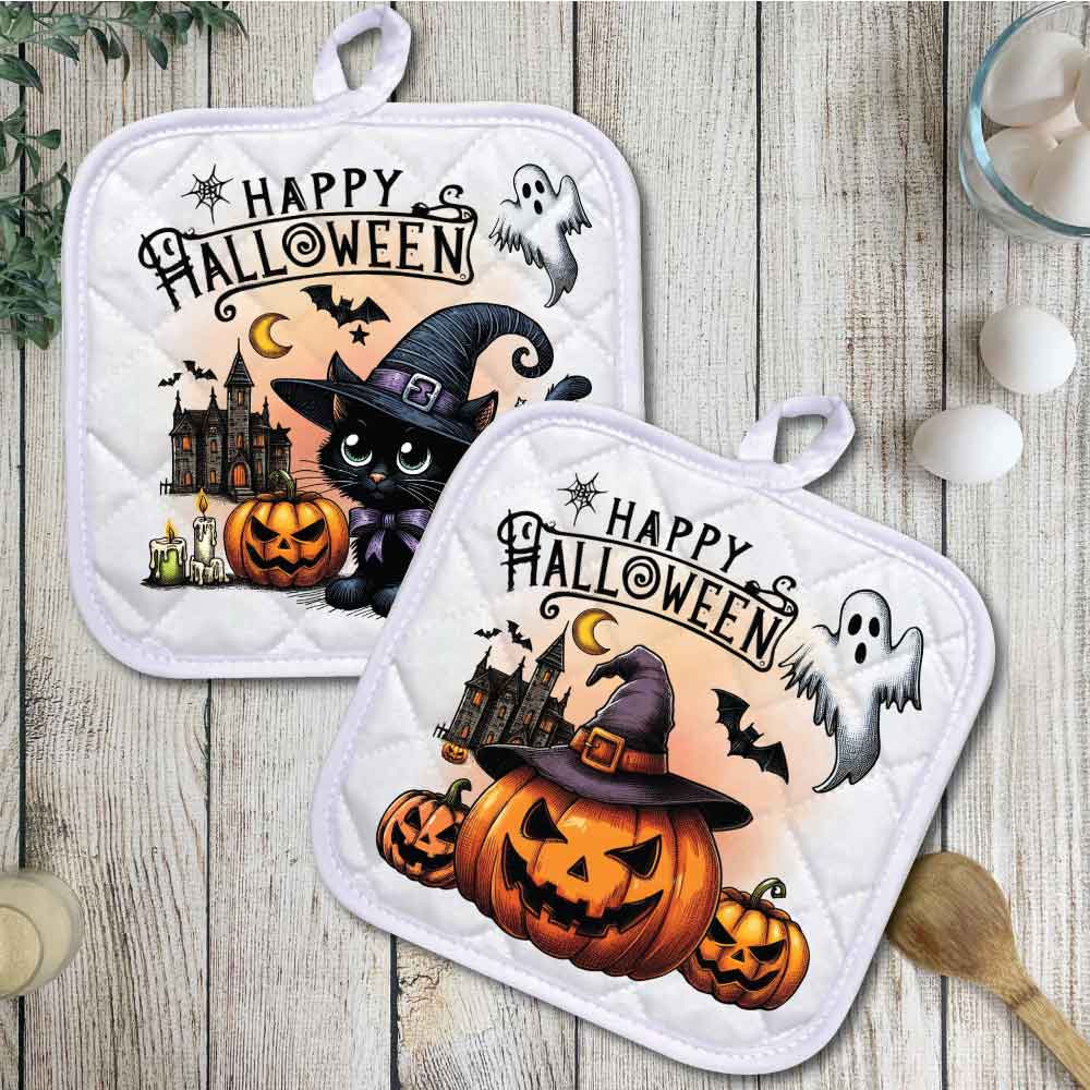 Happy Halloween SET of 2 | Pot holders, Trivets, Hot pads, Oven mitts, Heat resistant, and Washable