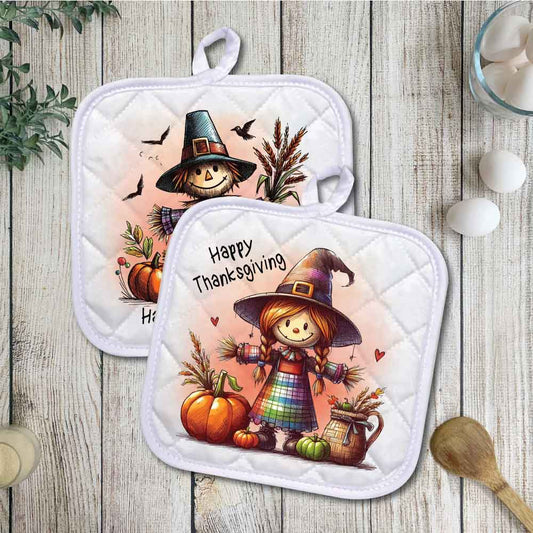 Set of 2 Thanksgiving Scarecrow | Potholders, Trivets, Hot pads, Oven mitts, Heat resistant, and Washable