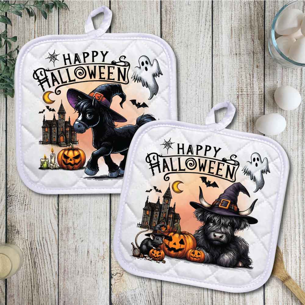 Happy Halloween Farm Animals SET of 2 | Pot holders, Trivets, Hot pads, Oven mitts, Heat resistant, and Washable