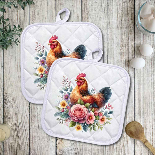 Floral Hen | Potholders, Trivets, Hot pads, Oven mitts, Heat resistant, and Washable