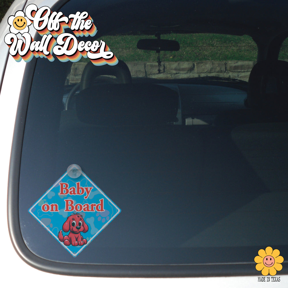 Red Puppy | Baby on Board | Suction Cup Sign, Magnet OR Vinyl Decal Sticker
