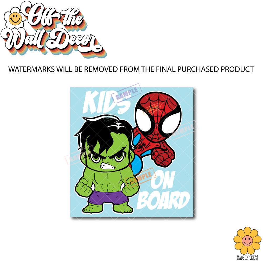 Hulk & Spidey | Kids on Board | Suction Cup Sign, Magnet OR Vinyl Decal Sticker