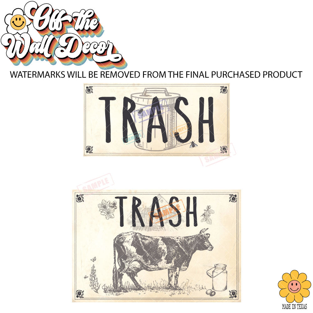 Vintage Farmhouse Styled | Country Cow | Trash Can and Recycle Labels