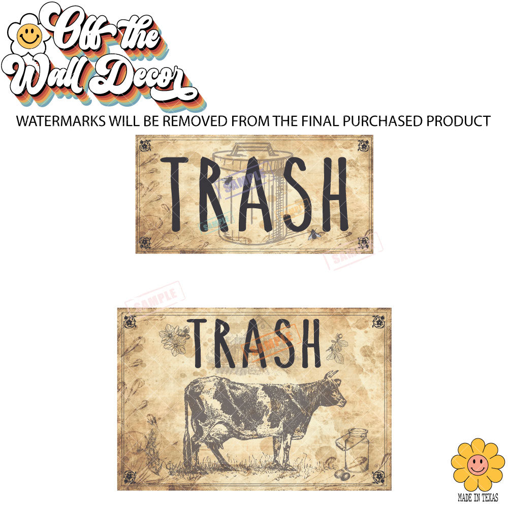 Vintage Farmhouse Styled | Country Cow | Trash Can and Recycle Labels