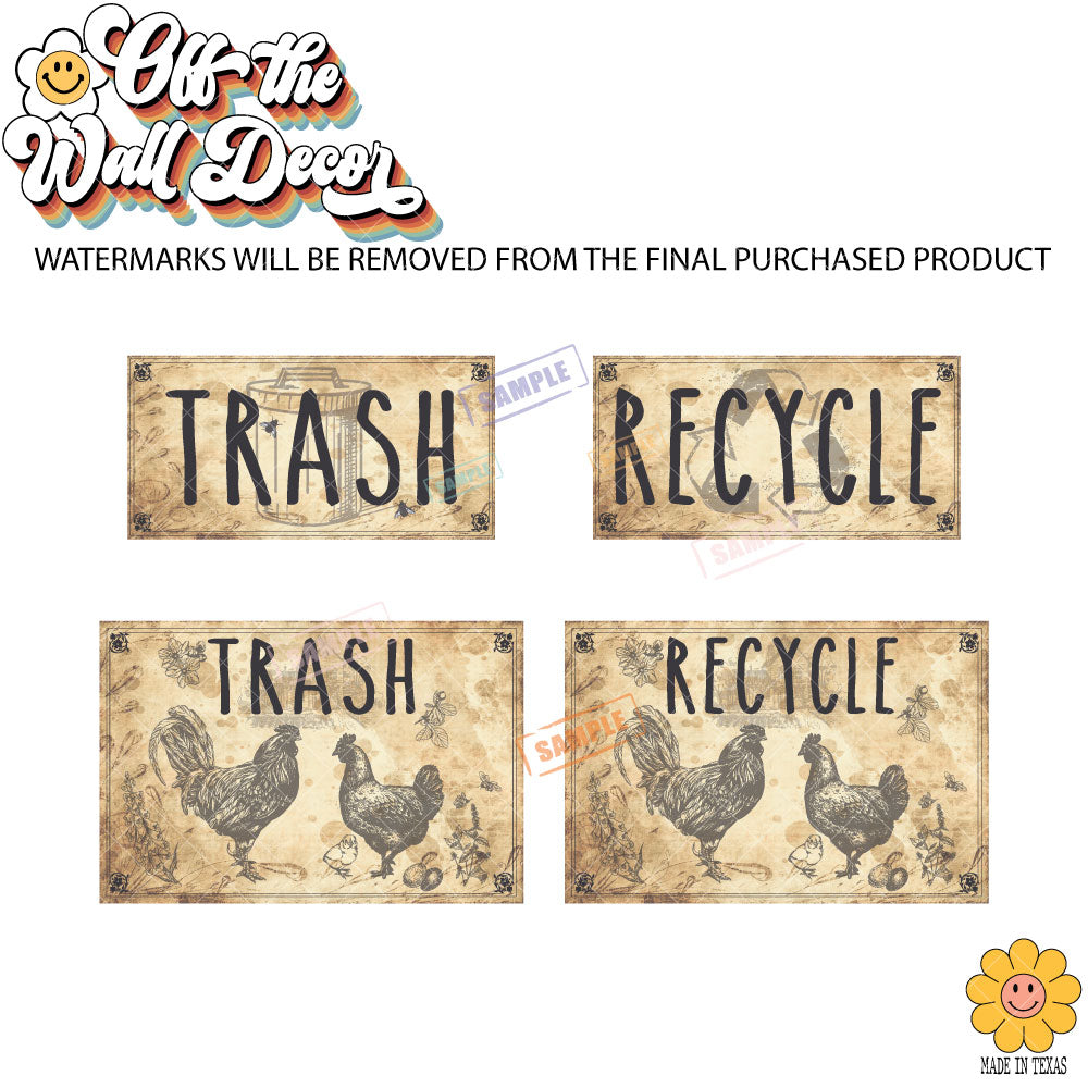 Vintage Farmhouse Styled | Country Chickens | Trash Can and Recycle Labels