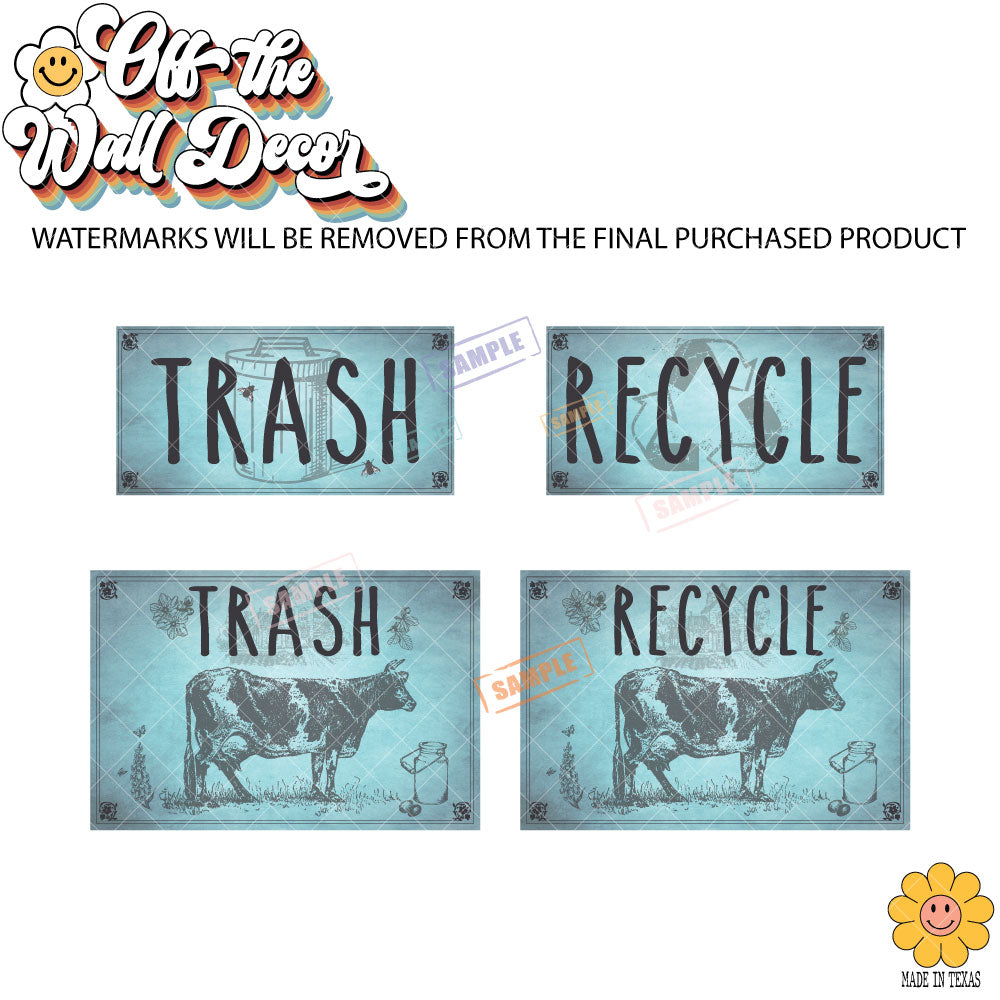 Vintage Farmhouse Styled | Country Cow | Trash Can and Recycle Labels