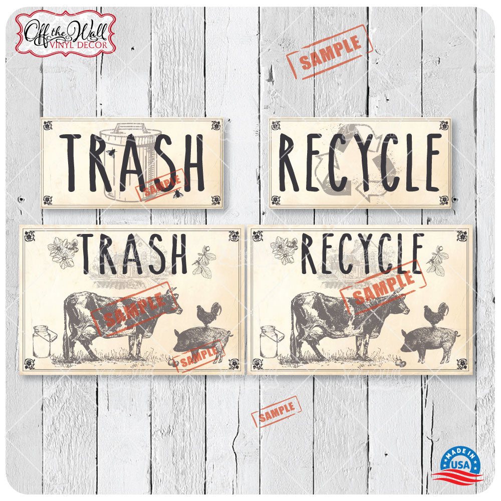 Vintage Farmhouse Styled | Country Cow Pig Rooster | Trash Can and Recycle Labels