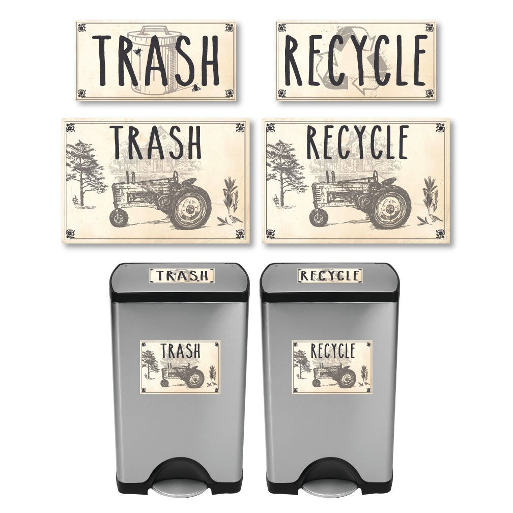 Vintage Farmhouse Styled | Country Tractor | Trash Can and Recycle Labels