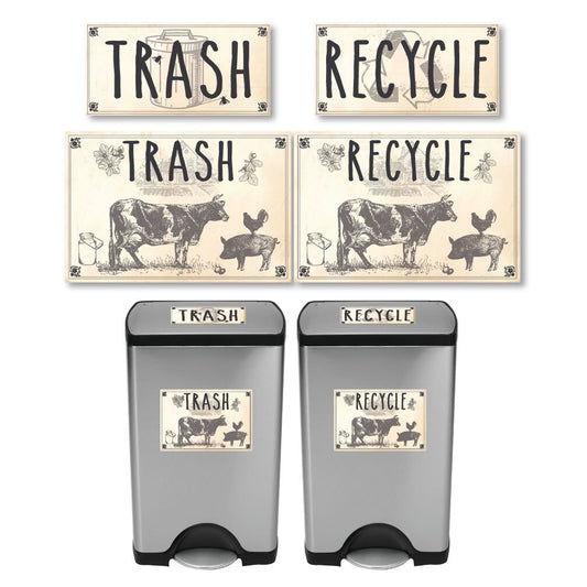 Vintage Farmhouse Styled | Country Cow Pig Rooster | Trash Can and Recycle Labels