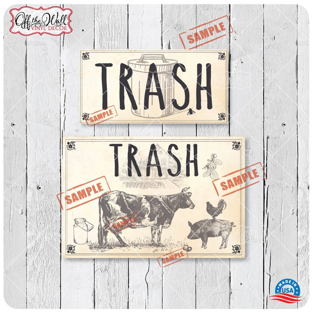 Vintage Farmhouse Styled | Country Cow Pig Rooster | Trash Can and Recycle Labels